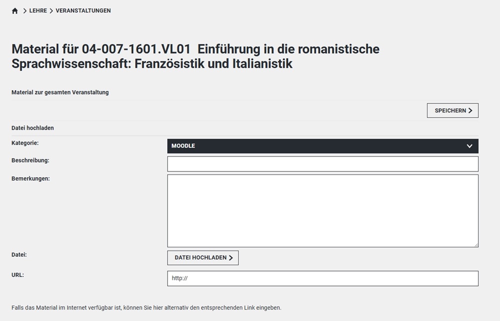Ein Screenshot des Webportals. Abgebildet wird die Detailseite für das Hochladen von Material an einer Veranstaltung.
