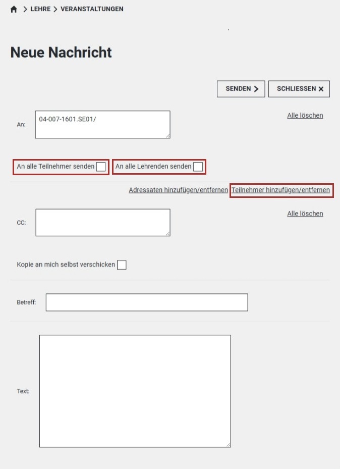 Ein Screenshot des Webportals. Abgebildet wird die Detailseite für das Versenden von Nachrichten an Veranstaltungsteilnehmende.