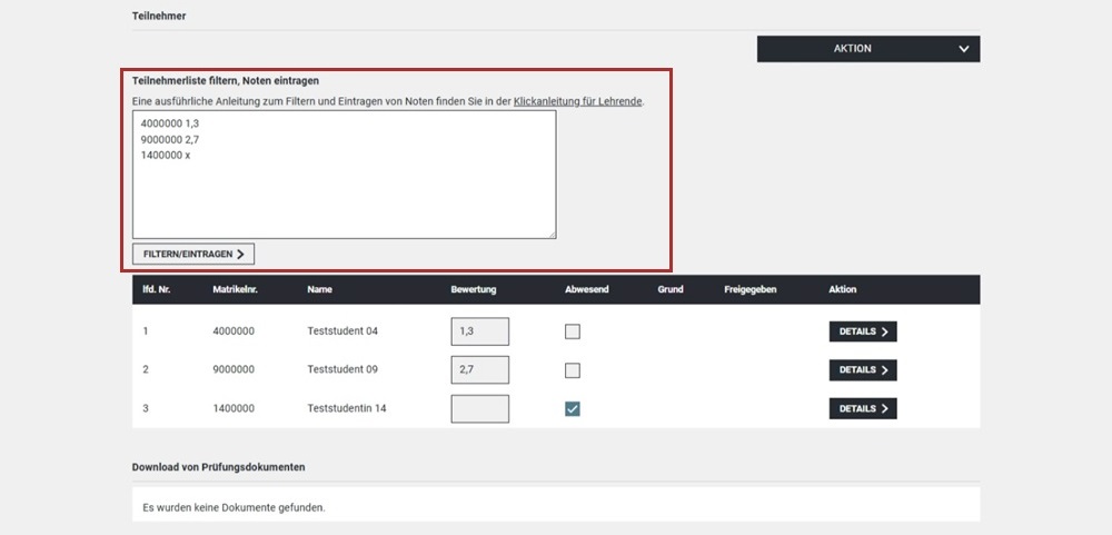 Ein Screenshot des Webportals. Abgebildet wird die Eingabe von Noten mit Hilfe des Eingabefeldes.