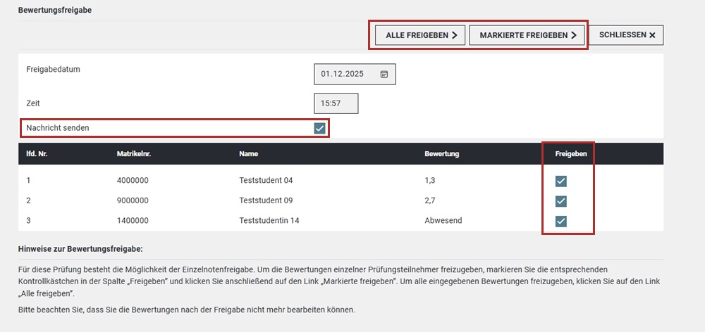 Ein Screenshot des Webportals. Abgebildet wird die Detailansicht zur Freigabe der eingegebenen Noten.
